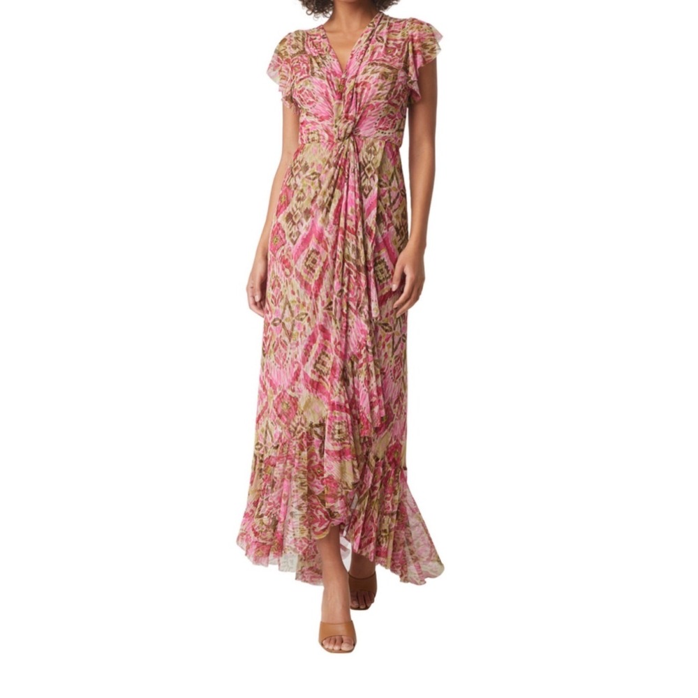 MISA Los Angeles Avaline Floral Print Maxi Mesh Dress Size Small Pink